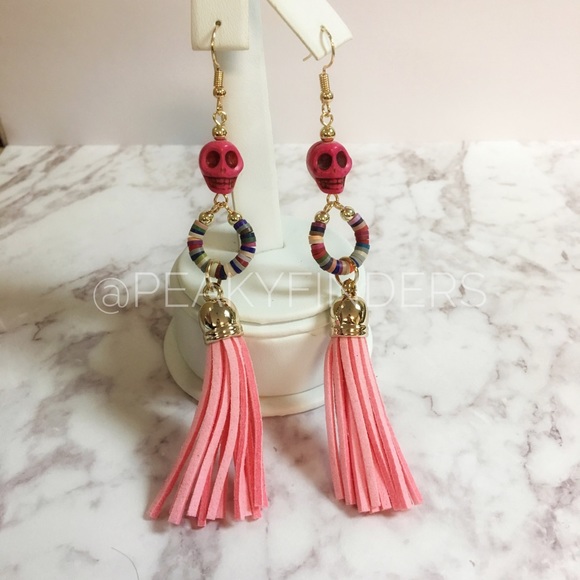 Pink Skull Tassel Earrings - Picture 2 of 2